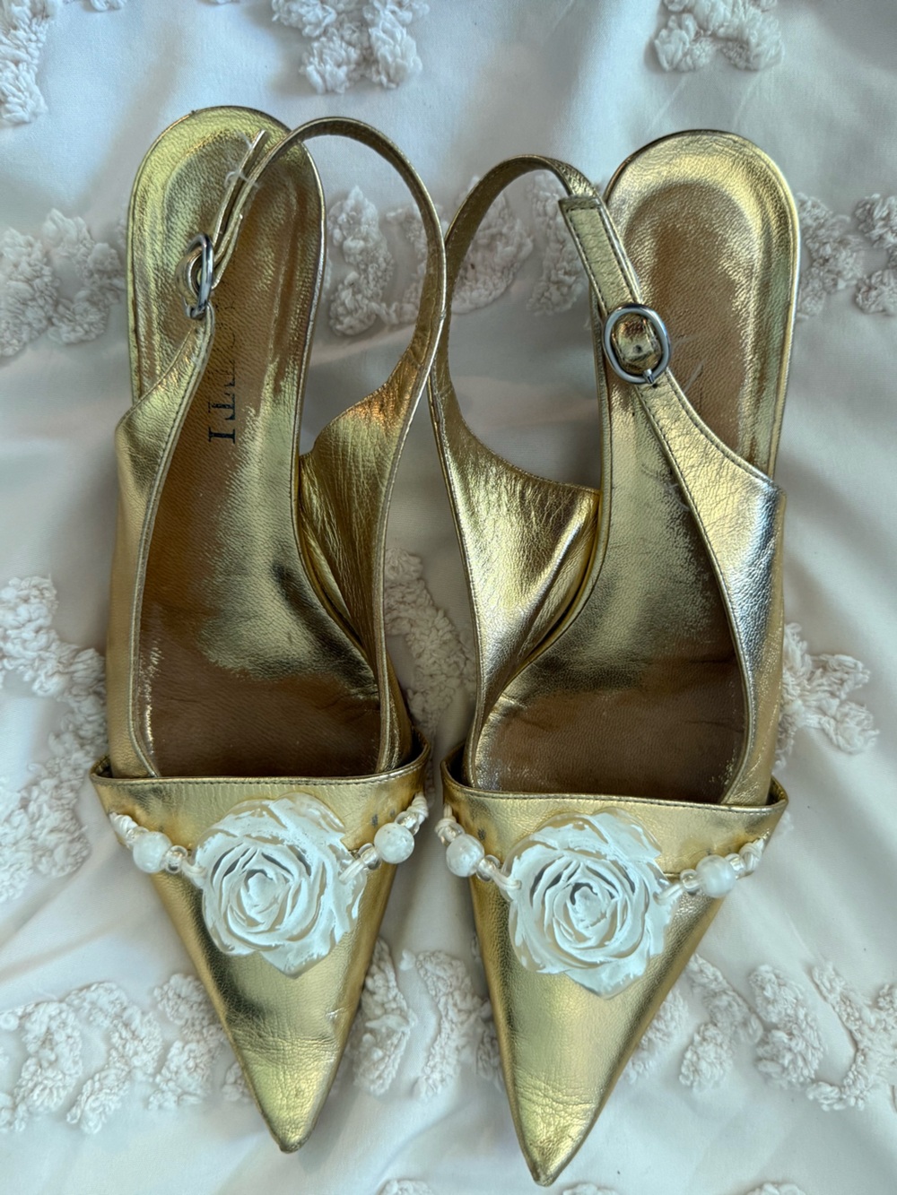 Vigotti Gold Slingback Heels with White Rose and Pearls